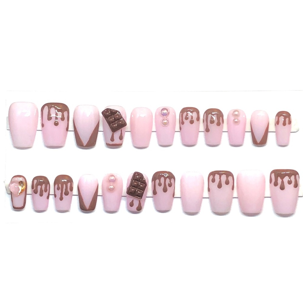 Handmade Custom Press On Nails  Short Coffin Melting Chocolate Nails False Nails